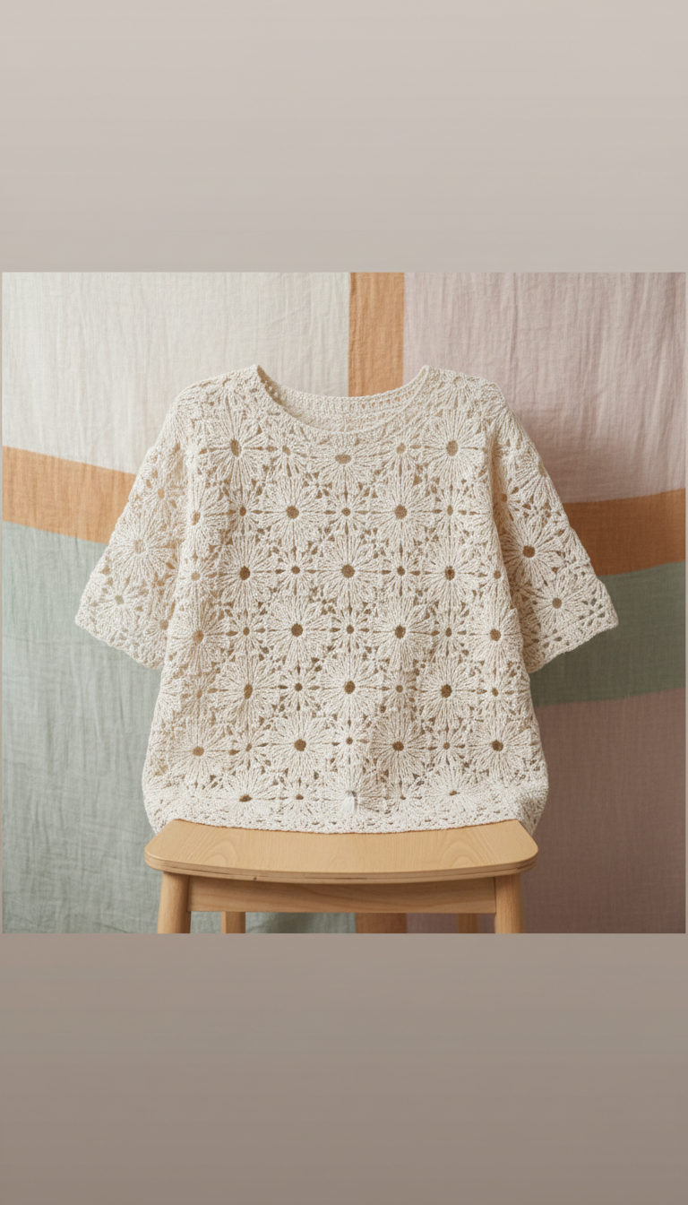 Cream Linen Crochet Top